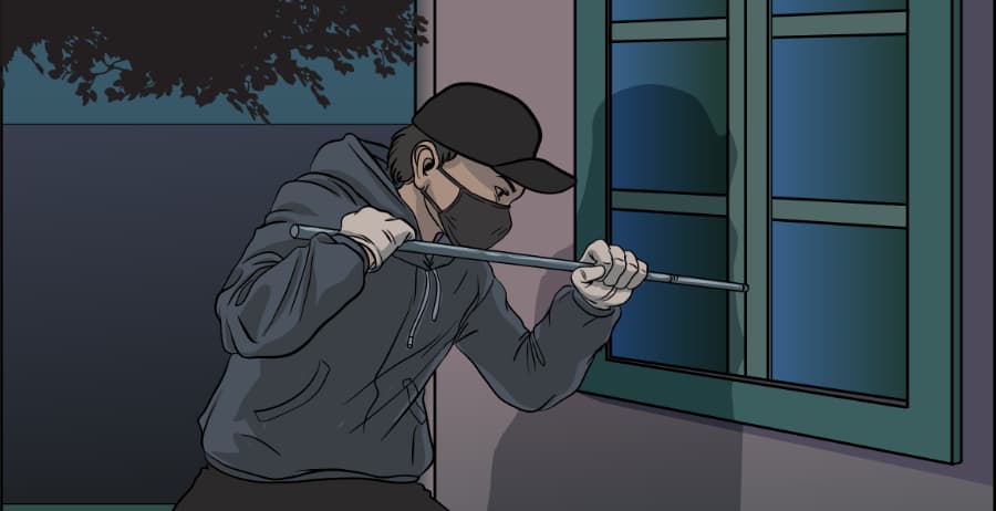 Illustration of burglar forcing entry through a window in Wichita Falls